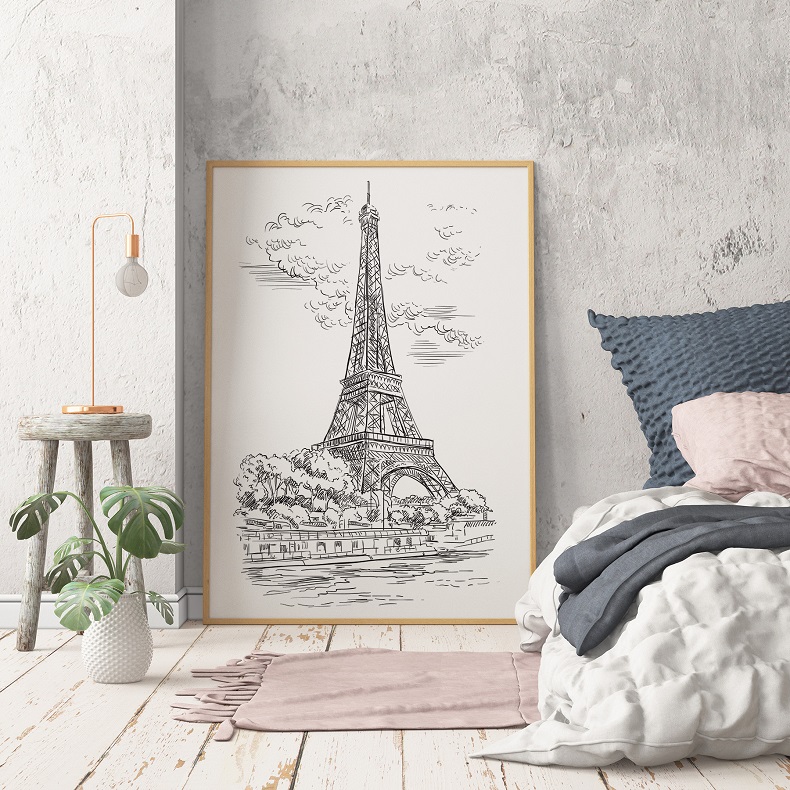 Poster Eiffelturm Skizze im Schlafzimmer