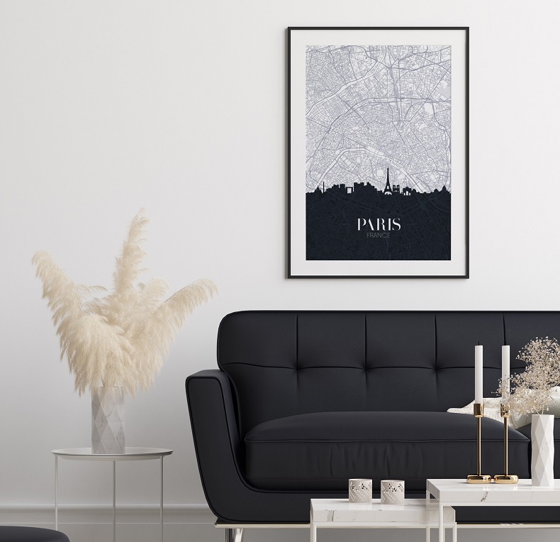 Poster Stadtplan von Paris im Wohnzimmer